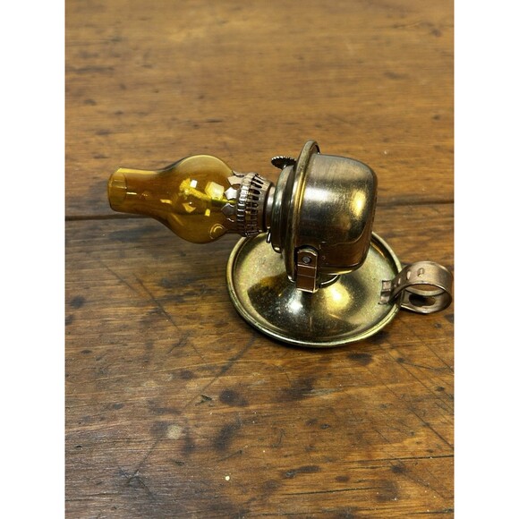 Vintage Miniature Oil Lamp Copper & Amber Glass W/Finger Holds Tilts Decorative - Picture 6 of 9